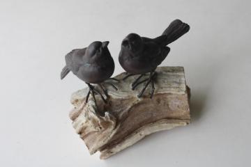 modern farmhouse decor, pair sparrow birds faux bronze figurines on weathered 'wood'