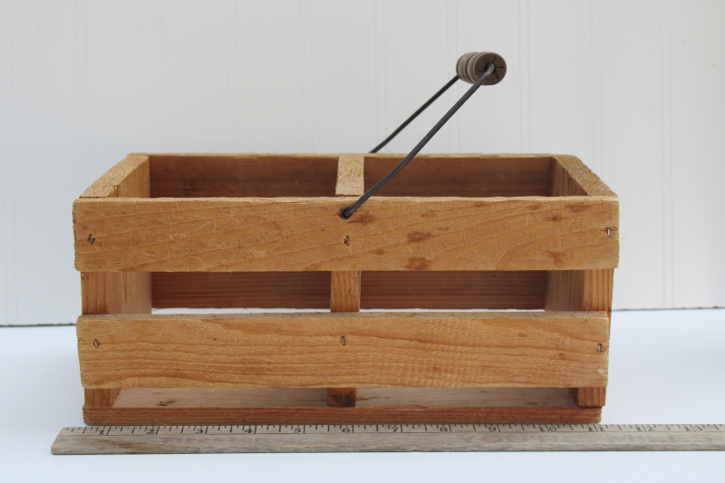 photo of modern farmhouse primitive wood crate caddy or storage basket, slatted box w/ wire handle #2