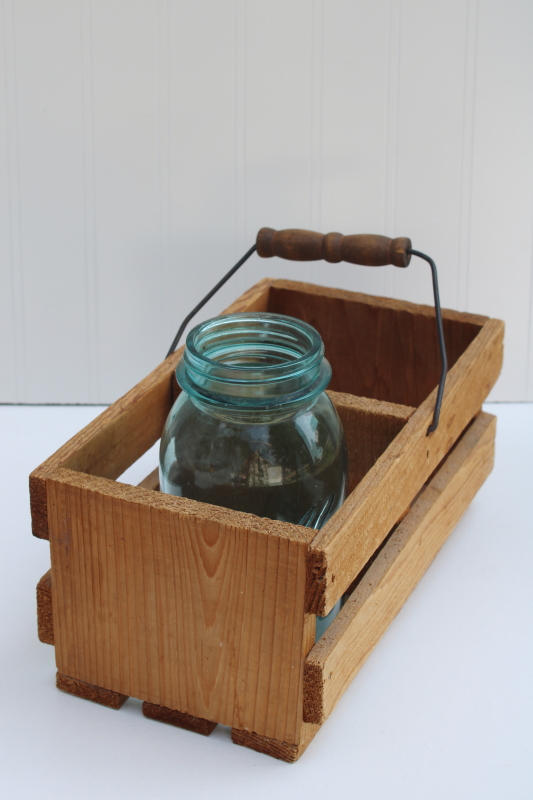 photo of modern farmhouse primitive wood crate caddy or storage basket, slatted box w/ wire handle #4
