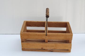 catalog photo of modern farmhouse primitive wood crate caddy or storage basket, slatted box w/ wire handle