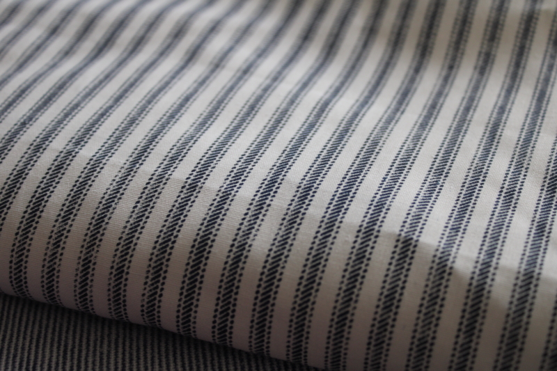photo of modern farmhouse style fabric lot, pillow ticking print, grey, indigo, tan fine stripes #8