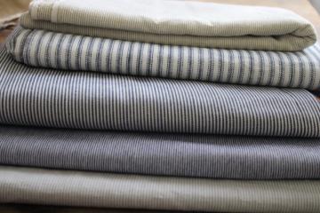 modern farmhouse style fabric lot, pillow ticking print, grey, indigo, tan fine stripes