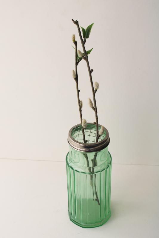 photo of modern farmhouse style flower holder, vintage style green glass tall ribbed jar #1