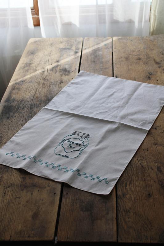 photo of modern farmhouse style hand embroidered Mason jar towel, vintage kitchen #3