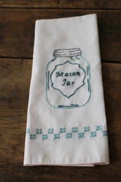 catalog photo of modern farmhouse style hand embroidered Mason jar towel, vintage kitchen