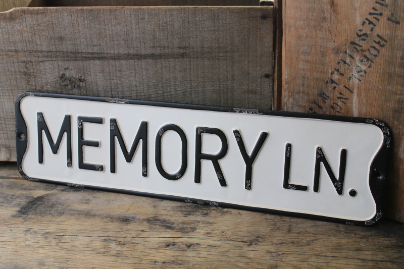 photo of modern farmhouse style metal street sign, Memory lane vintage look embossed wall art #1