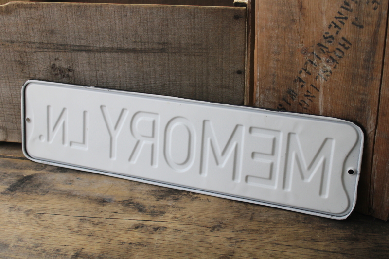 photo of modern farmhouse style metal street sign, Memory lane vintage look embossed wall art #4