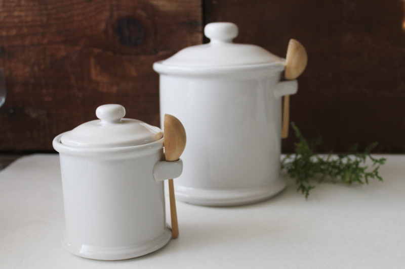 photo of modern farmhouse vintage white ceramic kitchen canisters w/ wood spoon scoops #1