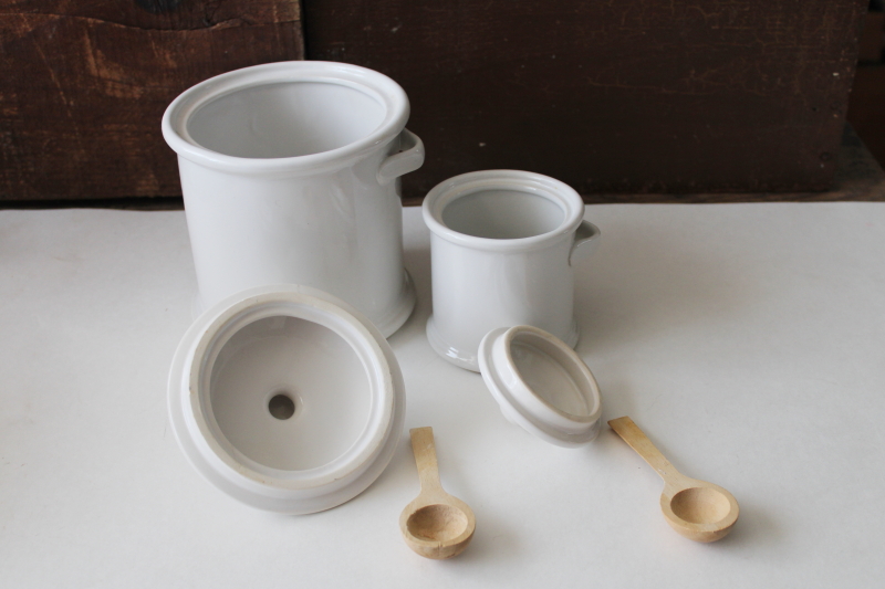 photo of modern farmhouse vintage white ceramic kitchen canisters w/ wood spoon scoops #2