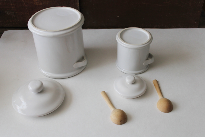 photo of modern farmhouse vintage white ceramic kitchen canisters w/ wood spoon scoops #3