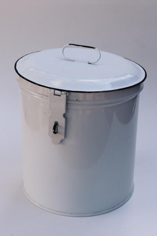 photo of modern farmhouse white enamelware metal kitchen canister, large round tin hinged lid #1