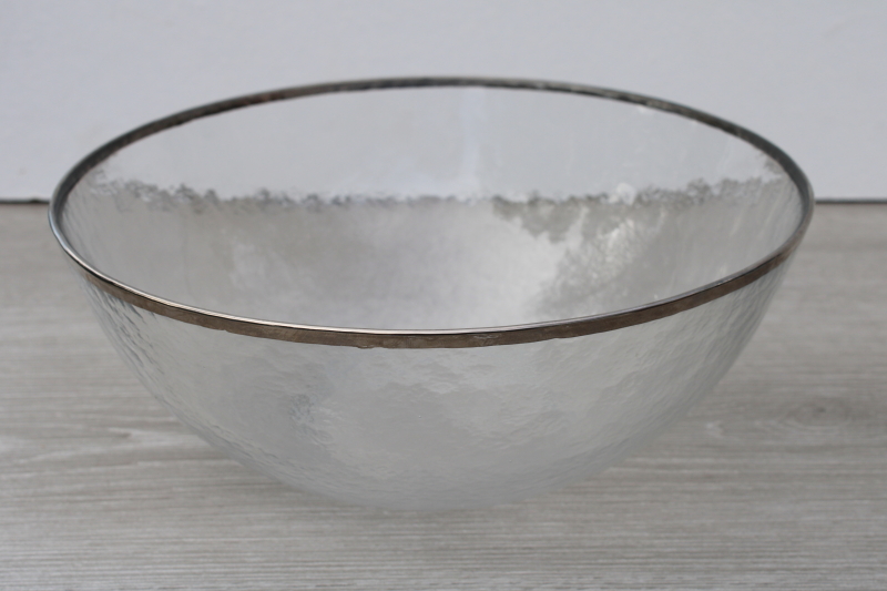 photo of modern glass salad / snack bowl platinum silver band hammered texture glass #1