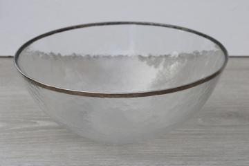 modern glass salad / snack bowl platinum silver band hammered texture glass