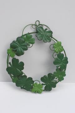 catalog photo of modern holiday decor, tole metal shamrock wreath, lucky clover in St Patrick's Day green 