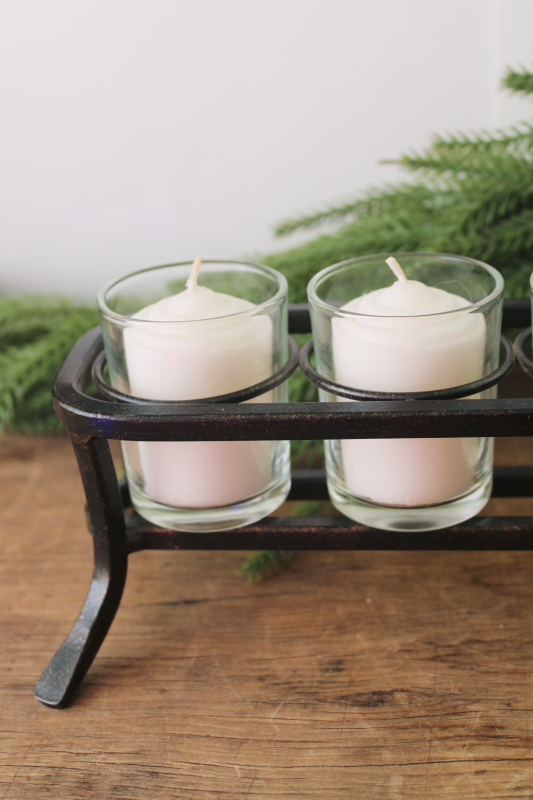 photo of modern minimalist 12 light votive candle holder, long low iron stand w/ glass, neutral winter holiday  #2