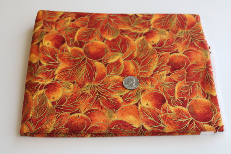 photo of modern quilting cotton fabric, autumn accents leaves fruit fall colors w/ metallic gold  #1