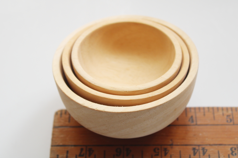 photo of modern rustic natural wood bowls, nesting set of mini bowls doll dishes size #4