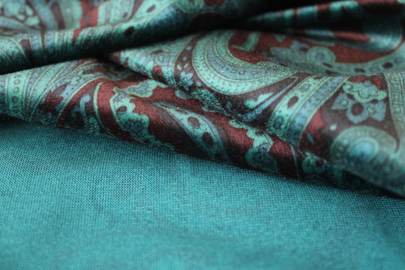 photo of modern velvety brushed poly fabric with suede like feel, paisley print on teal green #2