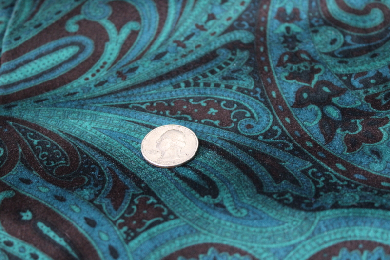 photo of modern velvety brushed poly fabric with suede like feel, paisley print on teal green #3