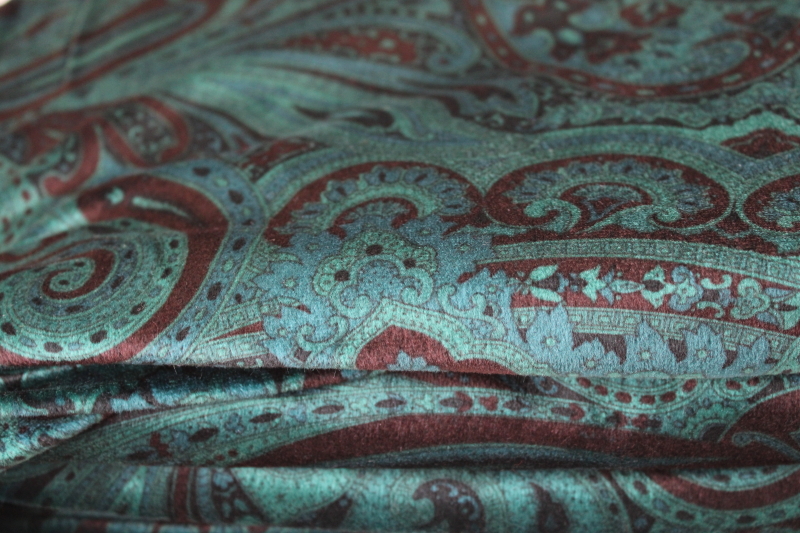 photo of modern velvety brushed poly fabric with suede like feel, paisley print on teal green #4