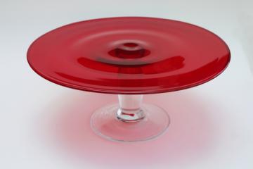 catalog photo of modern vintage glass cake stand, big ruby red plate w/ clear glass foot