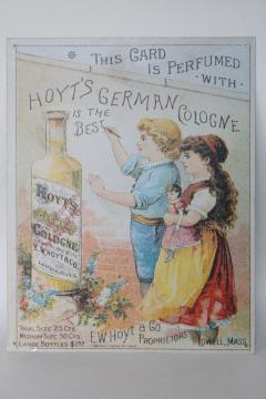 catalog photo of modern vintage tin sign, reproduction antique Victorian trade card adverti