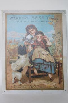 catalog photo of modern vintage tin sign, reproduction antique Victorian trade card advertising graphics