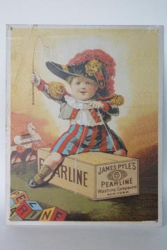 catalog photo of modern vintage tin sign, reproduction antique Victorian trade card advertising graphics