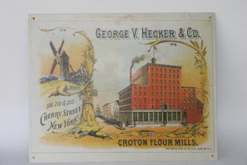 catalog photo of modern vintage tin sign, reproduction antique Victorian trade card advertising graphics