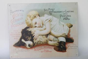 catalog photo of modern vintage tin sign, reproduction antique Victorian trade card advertising graphics