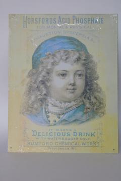 catalog photo of modern vintage tin sign, reproduction antique Victorian trade card advertising graphics