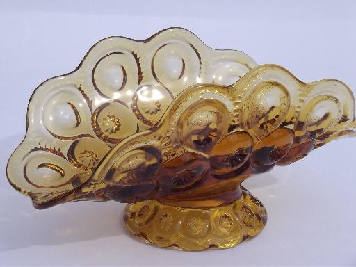 photo of moon and stars pattern glass banana stand bowl, vintage amber glass dish #1