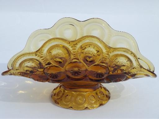 photo of moon and stars pattern glass banana stand bowl, vintage amber glass dish #2