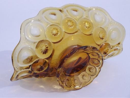 photo of moon and stars pattern glass banana stand bowl, vintage amber glass dish #4