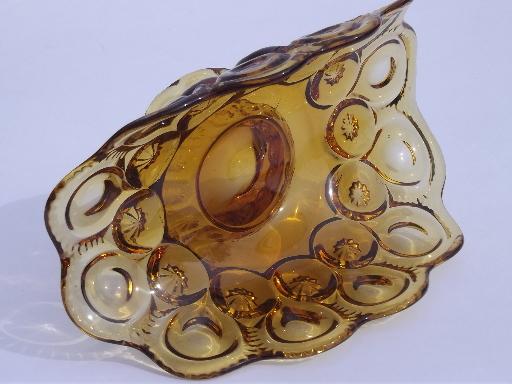 photo of moon and stars pattern glass banana stand bowl, vintage amber glass dish #5