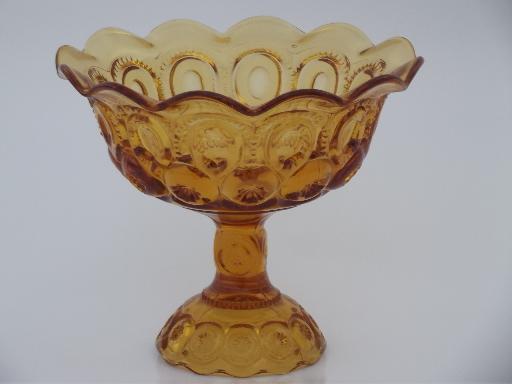 photo of moon and stars pattern glass fruit compote bowl, vintage amber glass dish #1