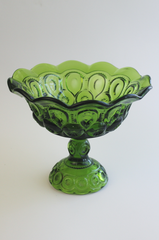 photo of moon and stars pattern glass pedestal bowl, large compote, L E Smith avocado green glass 70s vintage  #1