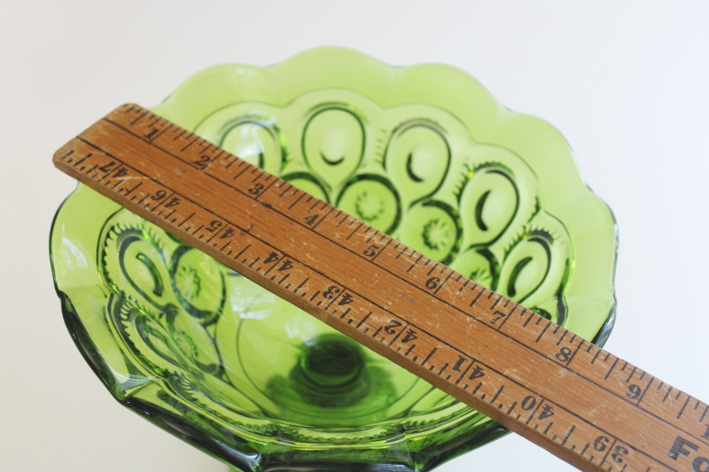 photo of moon and stars pattern glass pedestal bowl, large compote, L E Smith avocado green glass 70s vintage  #2