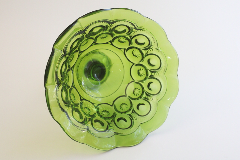 photo of moon and stars pattern glass pedestal bowl, large compote, L E Smith avocado green glass 70s vintage  #5