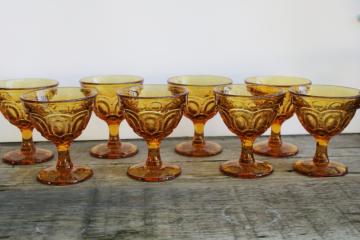 catalog photo of moon and stars vintage amber glass champagne glasses, beautiful chunky colored glass stemware 