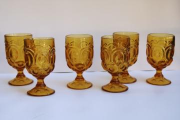 catalog photo of moon and stars vintage amber glass water glasses, set of 6 goblets chunky colored glass stemware 