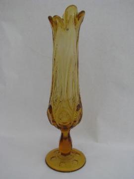 catalog photo of moon & star pattern pressed glass bud vase, vintage amber color