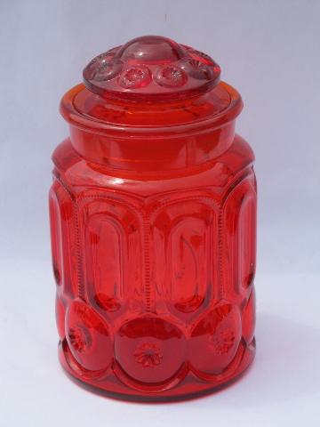 photo of moon & stars amberina red-orange glass canister, good jar, bad lid #1