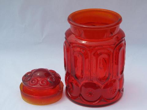 photo of moon & stars amberina red-orange glass canister, good jar, bad lid #2