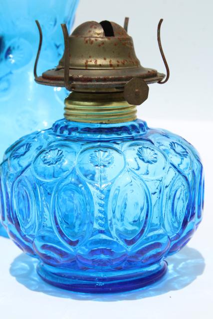 photo of moon & stars pattern blue glass font & hurricane chimney shade, vintage kerosene oil lamp #2