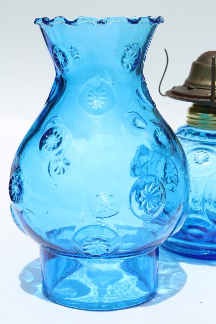 photo of moon & stars pattern blue glass font & hurricane chimney shade, vintage kerosene oil lamp #3