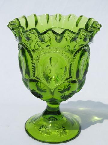 photo of moon & stars pattern glass ruffled edge goblet vase, vintage green #1