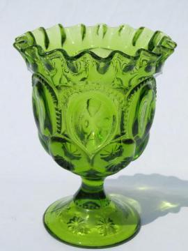 catalog photo of moon & stars pattern glass ruffled edge goblet vase, vintage green