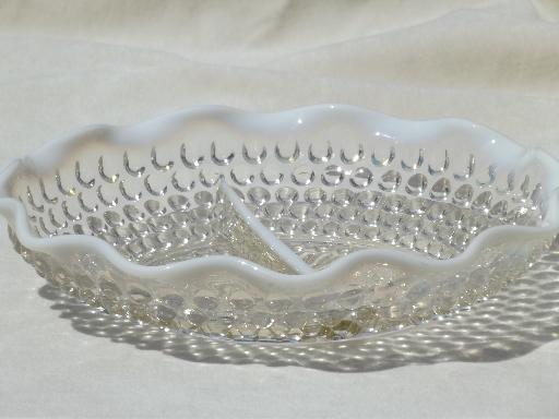 photo of moonstone opalescent glass relish dish, vintage hobnail pattern divided bowl #1