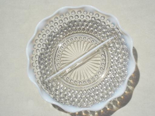 photo of moonstone opalescent glass relish dish, vintage hobnail pattern divided bowl #2